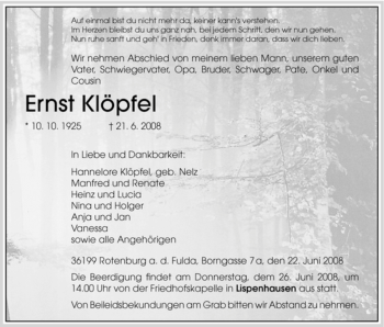 Traueranzeige von Ernst Klöpfel von HNA