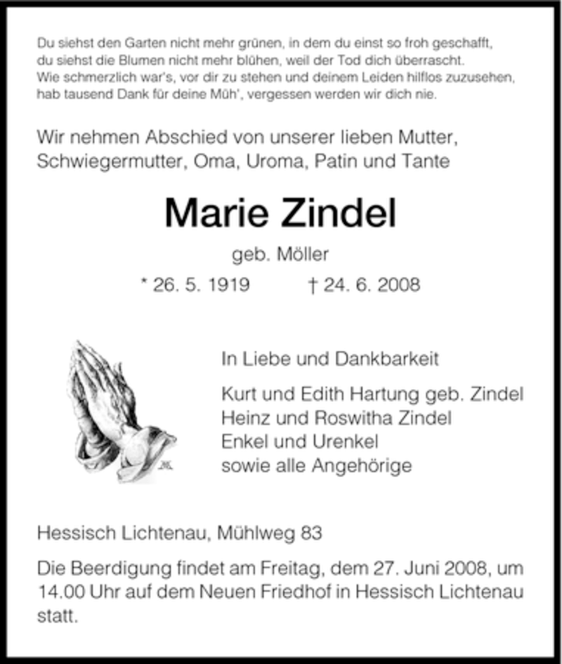  Traueranzeige für Marie Zindel vom 26.06.2008 aus HNA