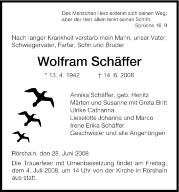 Traueranzeige von Wolfram Schäffer von HNA