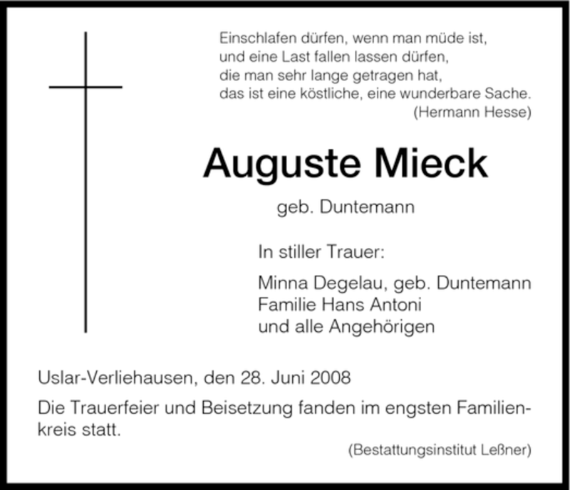  Traueranzeige für Auguste Mieck vom 28.06.2008 aus HNA