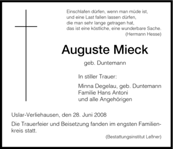 Traueranzeige von Auguste Mieck von HNA