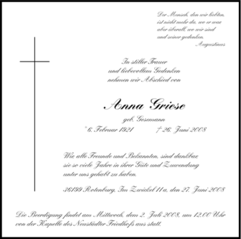 Traueranzeige von Anna Griese von HNA