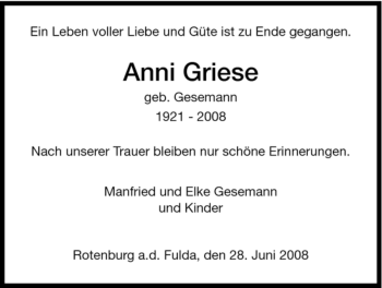 Traueranzeige von Anni Griese von HNA