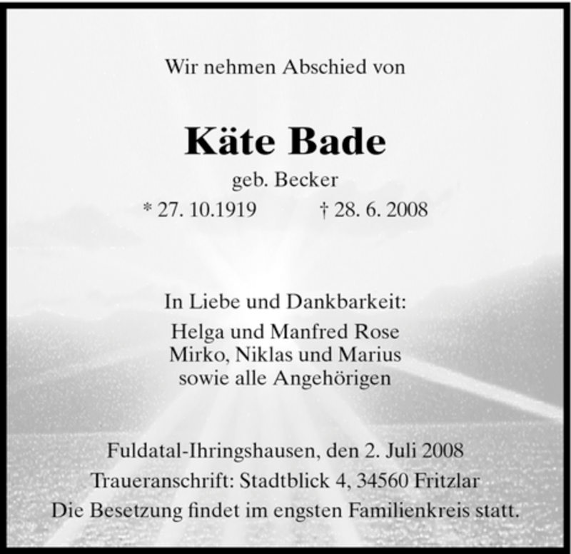  Traueranzeige für Käte Bade vom 02.07.2008 aus HNA