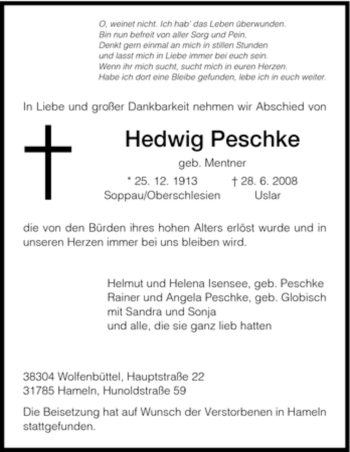 Traueranzeige von Hedwig Peschke von HNA