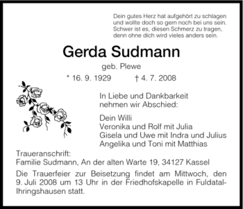 Traueranzeige von Gerda Sudmann von HNA