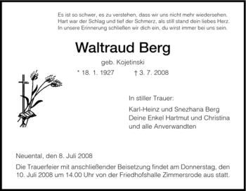 Traueranzeige von Waltraud Berg von HNA