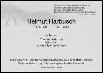 Traueranzeige von Helmut Harbusch von HNA