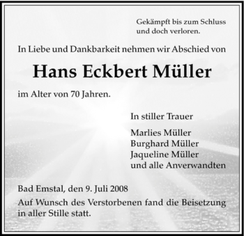 Traueranzeige von Hans Eckbert Müller von HNA