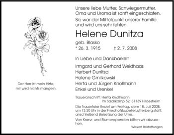 Traueranzeige von Helene Dunitza von HNA