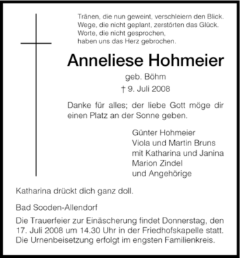 Traueranzeige von Anneliese Hohmeier von HNA