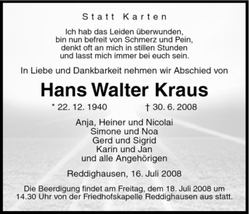 Traueranzeige von Hans Walter Kraus von HNA