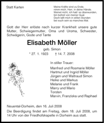 Traueranzeige von Elisabeth Möller von HNA