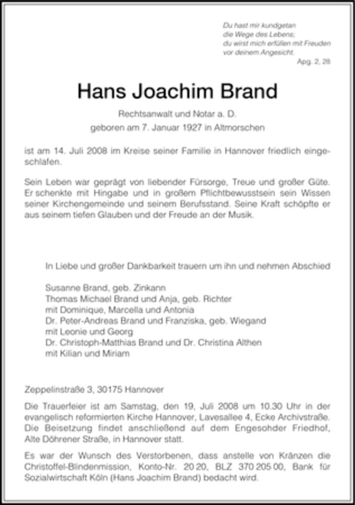 Traueranzeige für Hans Joachim Brand vom 16.07.2008 aus HNA