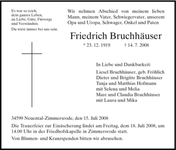 Traueranzeige von Friedrich Bruchhäuser von HNA