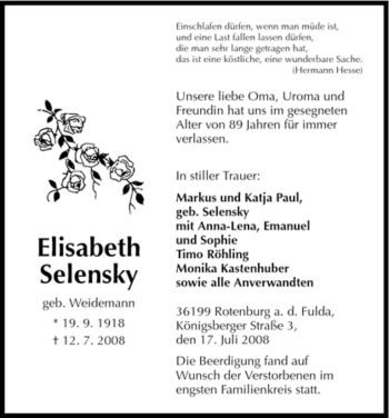 Traueranzeige von Elisabeth Selensky von HNA