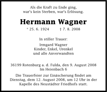 Traueranzeige von Hermann Wagner von HNA