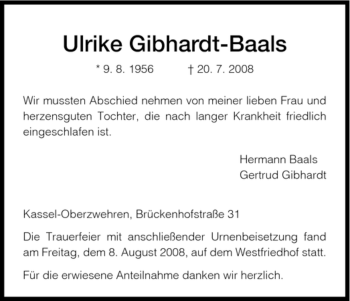 Traueranzeige von Ulrike Gibhardt-Baals von HNA