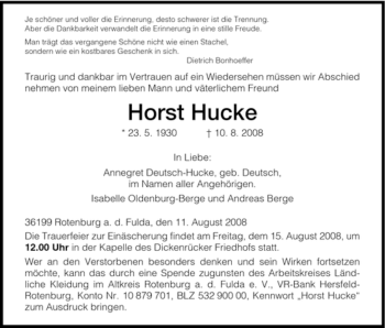 Traueranzeige von Horst Hucke von HNA