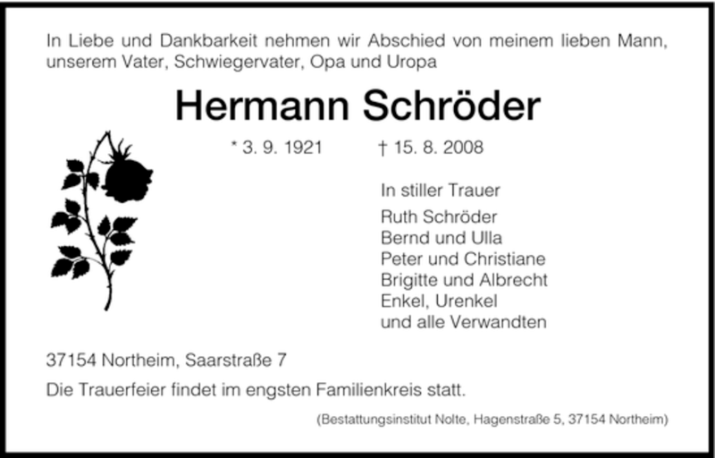  Traueranzeige für Hermann Schröder vom 19.08.2008 aus HNA