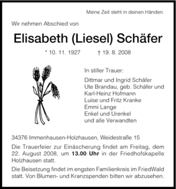 Traueranzeige von Elisabeth Schäfer von HNA