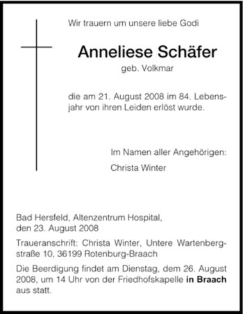 Traueranzeige von Anneliese Schäfer von HNA