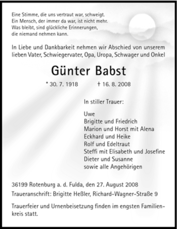 Traueranzeige von Günter Babst von HNA