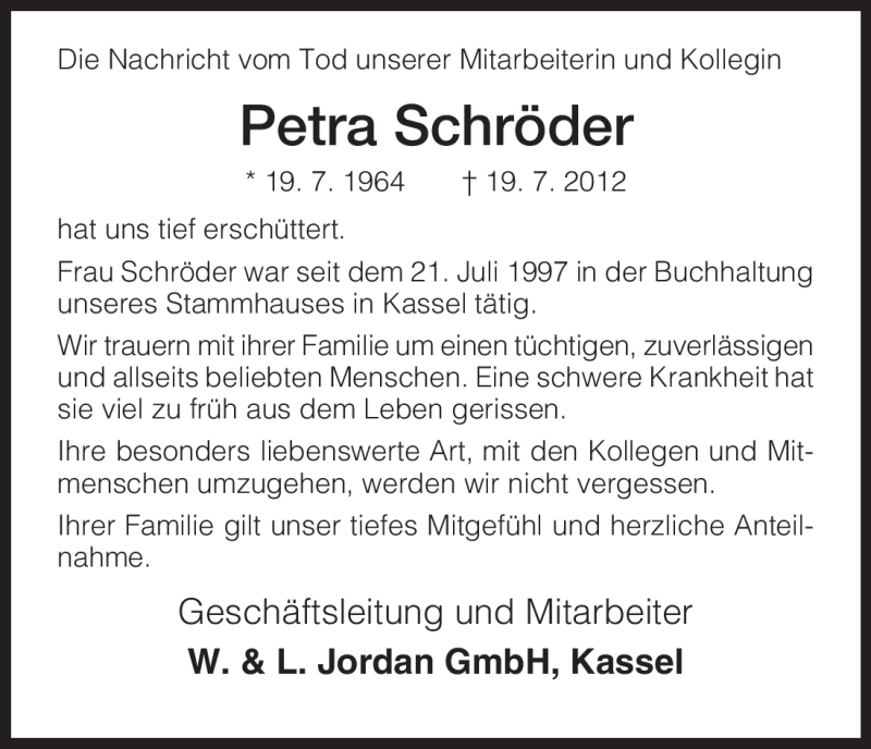  Traueranzeige für Petra Schröder vom 25.07.2012 aus HNA