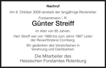 Traueranzeige von Günter Streiff von HNA
