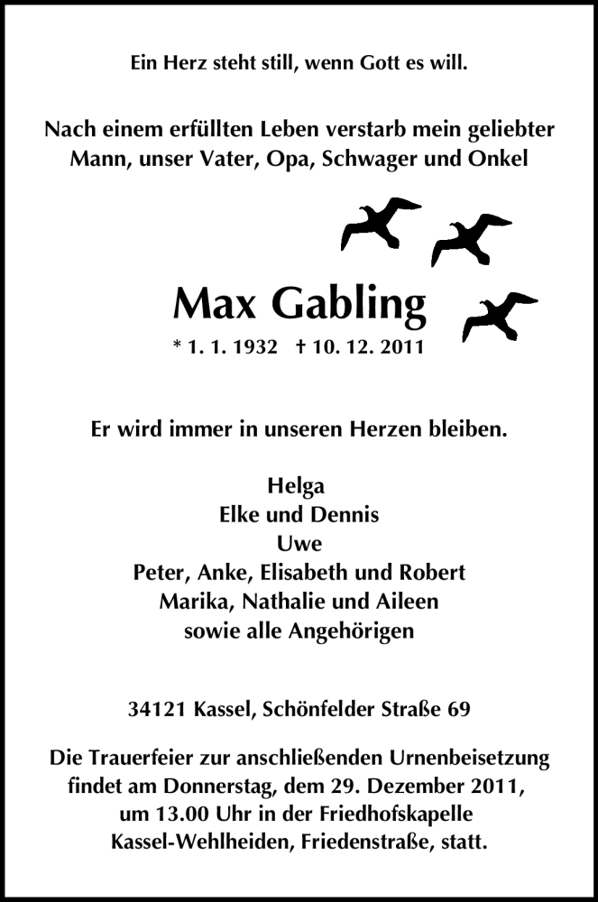  Traueranzeige für Max Gabling vom 24.12.2011 aus HNA