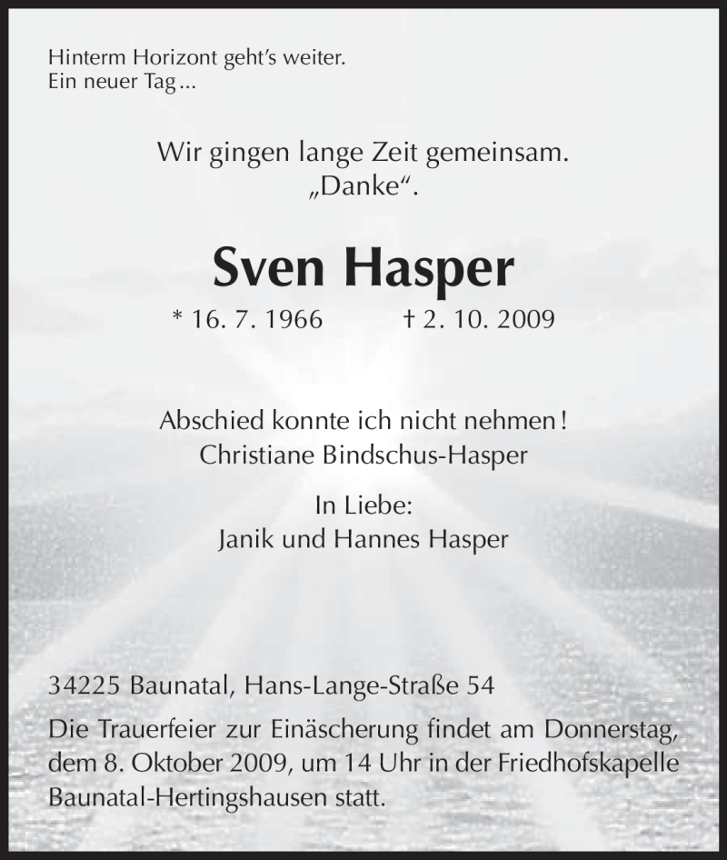  Traueranzeige für Sven Hasper vom 06.10.2009 aus HNA