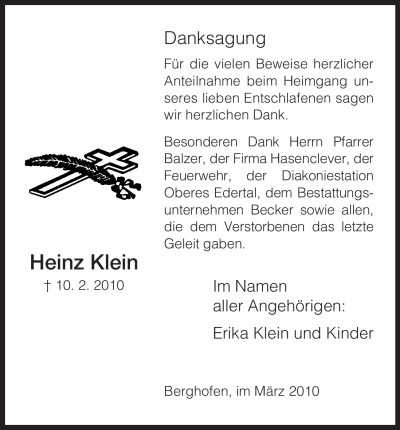  Traueranzeige für Heinz Klein vom 12.03.2010 aus HNA