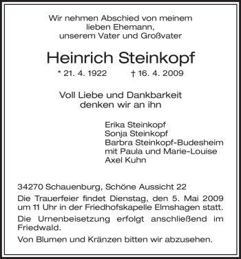 Traueranzeige von Heinrich Steinkopf von HNA