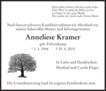 Traueranzeige von Anneliese Kramer von HNA