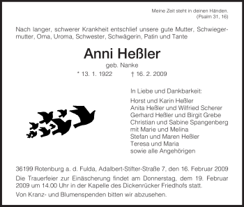 Traueranzeige von Anni Heßler von HNA