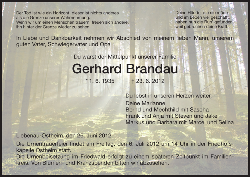  Traueranzeige für Gerhard Brandau vom 26.06.2012 aus HNA