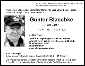 Traueranzeige von Günter Blaschke von HNA