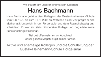 Traueranzeige von Hans Bachmann von HNA