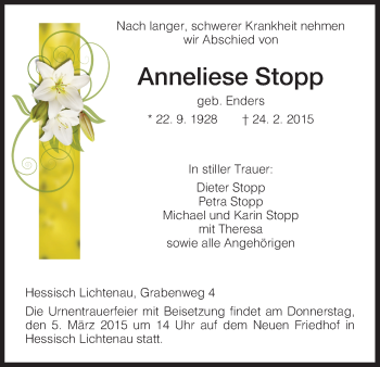 Traueranzeige von Anneliese Stopp von HNA