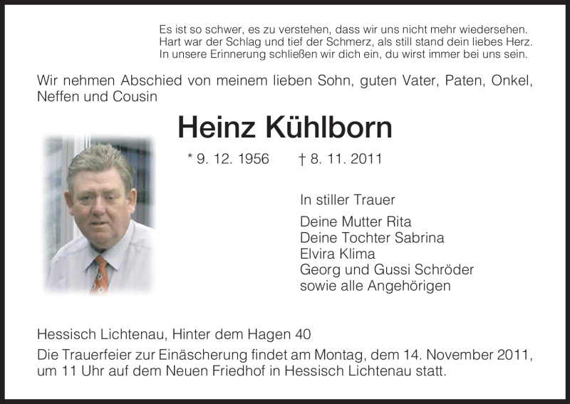  Traueranzeige für Heinz Kühlborn vom 11.11.2011 aus HNA