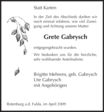 Traueranzeige von Grete Gabrysch von HNA
