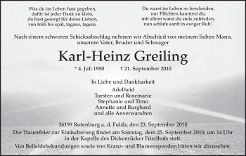 Traueranzeige von Karl-Heinz Greiling von HNA