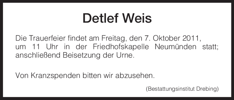  Traueranzeige für Detlef Weis vom 01.10.2011 aus HNA