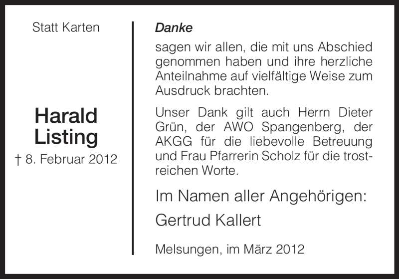  Traueranzeige für Harald Listing vom 17.03.2012 aus HNA