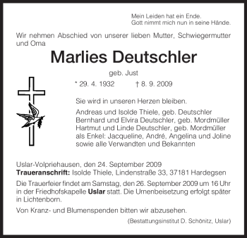 Traueranzeige von Marlies Deutschler von HNA