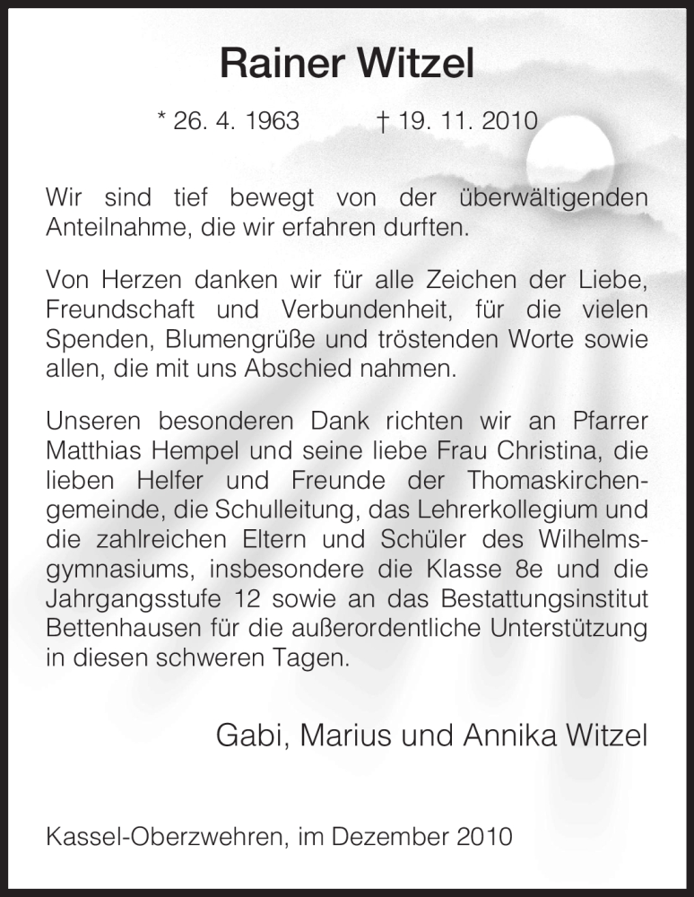  Traueranzeige für Rainer Witzel vom 31.12.2010 aus HNA