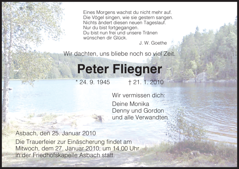  Traueranzeige für Peter Fliegner vom 25.01.2010 aus HNA