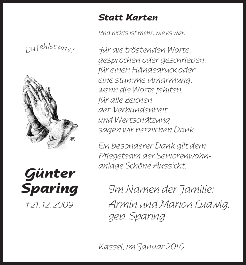  Traueranzeige für Günter Sparing vom 16.01.2010 aus HNA