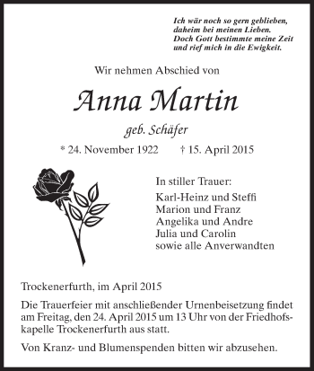 Traueranzeige von Anna Martin von HNA