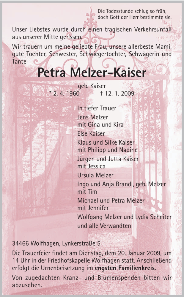  Traueranzeige für Petra Melzer-Kaiser vom 15.01.2009 aus HNA